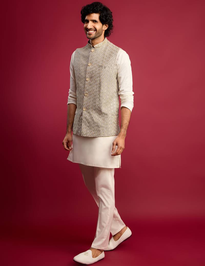 grey chikankari nehru jacket with cream satin kurta pant set | wedding & festive wear