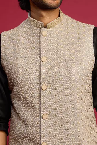 grey sequin & thread embroidered nehru jacket with black satin kurta & pants set | festive ethnic bundle |
