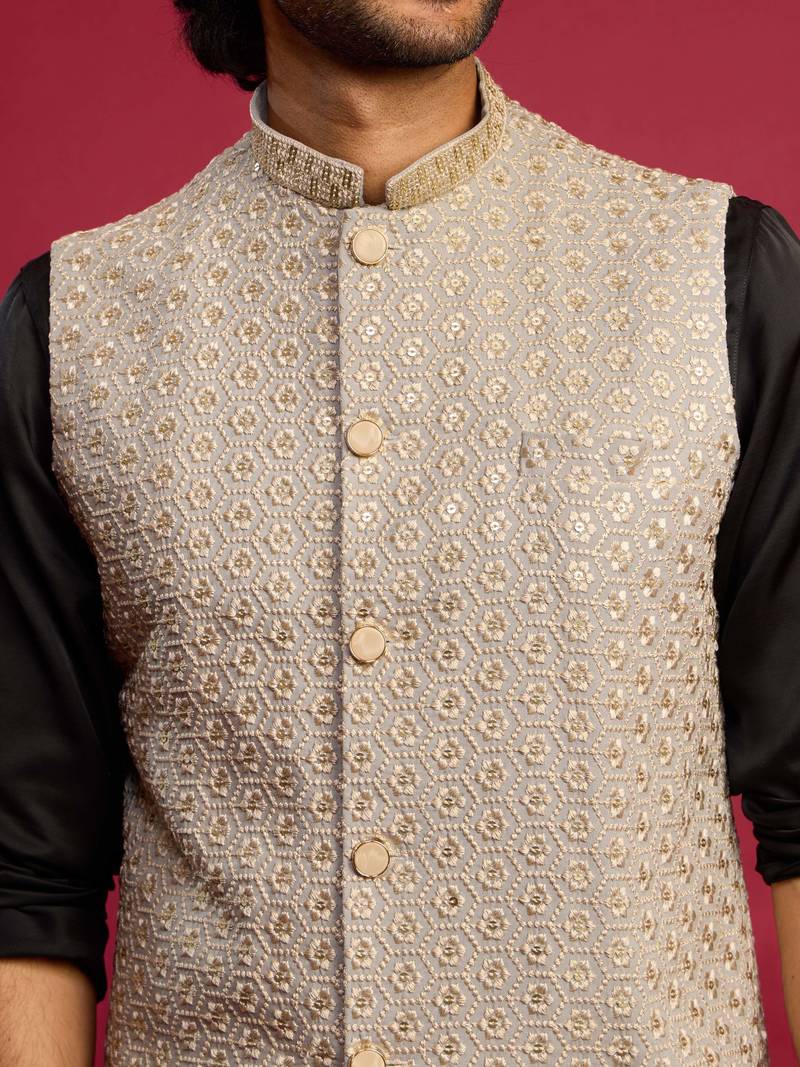 grey sequin & thread embroidered nehru jacket with black satin kurta & pants set | festive ethnic bundle |