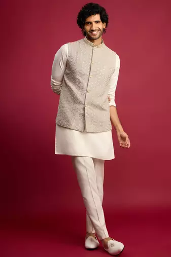 grey chikankari nehru jacket with cream satin kurta pant set | wedding & festive wear