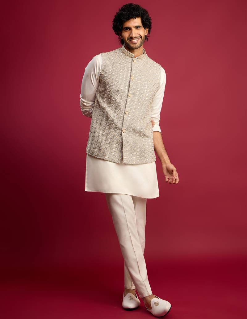 grey chikankari nehru jacket with cream satin kurta pant set | wedding & festive wear