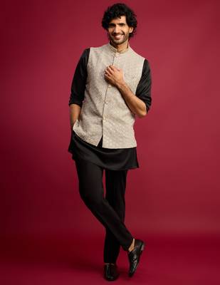 grey sequin & thread embroidered nehru jacket with black satin kurta & pants set | festive ethnic bundle | 3