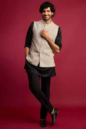 grey sequin & thread embroidered nehru jacket with black satin kurta & pants set | festive ethnic bundle |