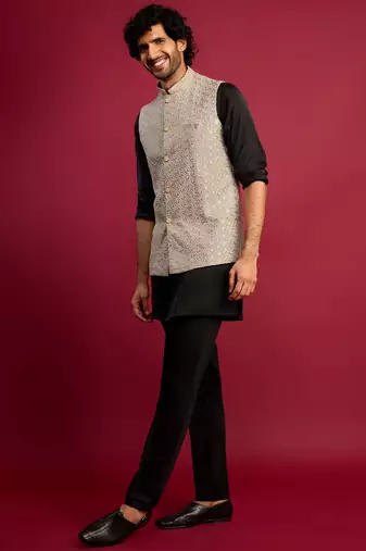 grey sequin & thread embroidered nehru jacket with black satin kurta & pants set | festive ethnic bundle |