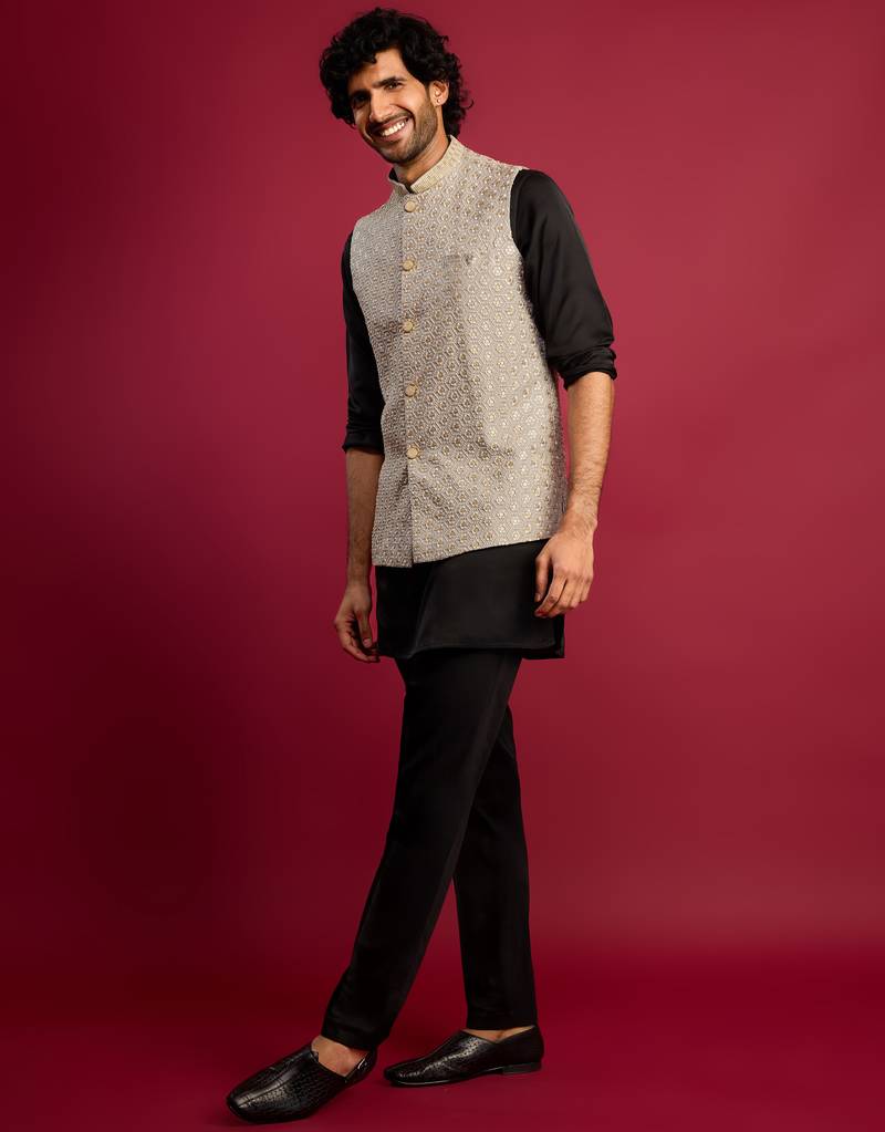 grey sequin & thread embroidered nehru jacket with black satin kurta & pants set | festive ethnic bundle |