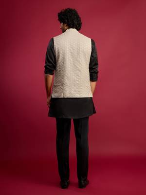 grey sequin & thread embroidered nehru jacket with black satin kurta & pants set | festive ethnic bundle | 5