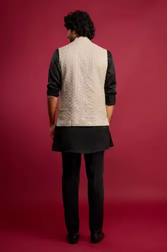 grey sequin & thread embroidered nehru jacket with black satin kurta & pants set | festive ethnic bundle |