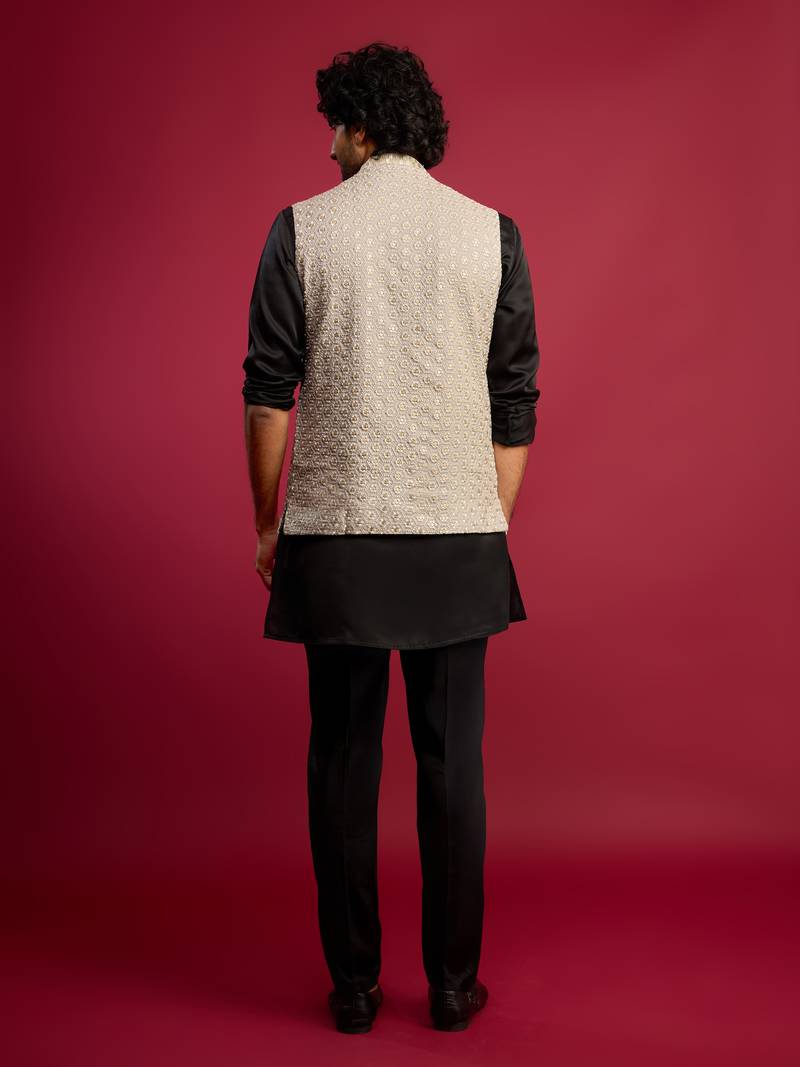 grey sequin & thread embroidered nehru jacket with black satin kurta & pants set | festive ethnic bundle |