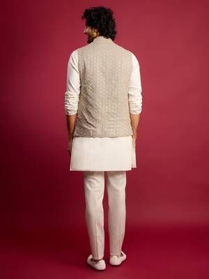 grey chikankari nehru jacket with cream satin kurta pant set | wedding & festive wear 5