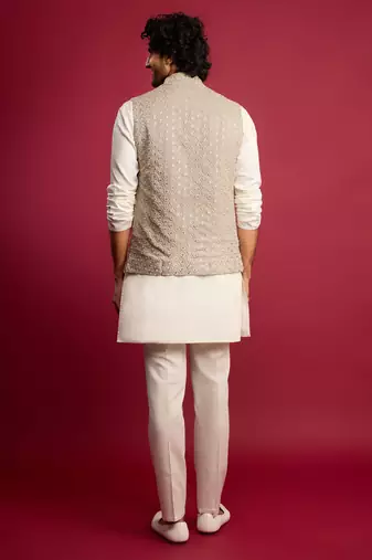 grey chikankari nehru jacket with cream satin kurta pant set | wedding & festive wear