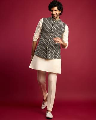 black sequin & thread embroidered nehru jacket with cream satin kurta & pants set | festive ethnic bundle | 1