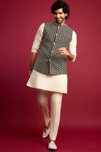 black sequin & thread embroidered nehru jacket with cream satin kurta & pants set | festive ethnic bundle |