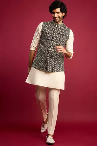 black sequin & thread embroidered nehru jacket with cream satin kurta & pants set | festive ethnic bundle |