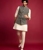 black sequin & thread embroidered nehru jacket with cream satin kurta & pants set | festive ethnic bundle |