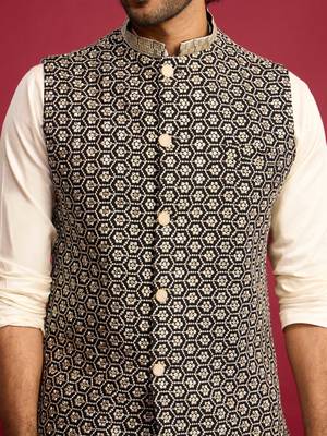 black sequin & thread embroidered nehru jacket with cream satin kurta & pants set | festive ethnic bundle | 2