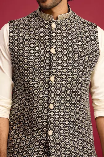 black sequin & thread embroidered nehru jacket with cream satin kurta & pants set | festive ethnic bundle |