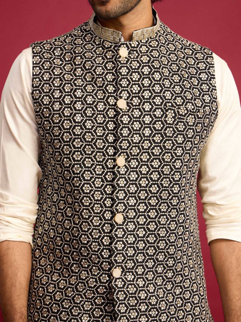 black sequin & thread embroidered nehru jacket with cream satin kurta & pants set | festive ethnic bundle |