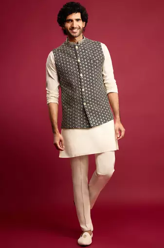 black sequin & thread embroidered nehru jacket with cream satin kurta & pants set | festive ethnic bundle |