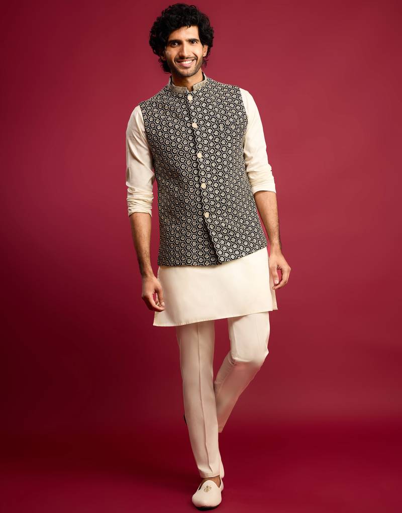 black sequin & thread embroidered nehru jacket with cream satin kurta & pants set | festive ethnic bundle |