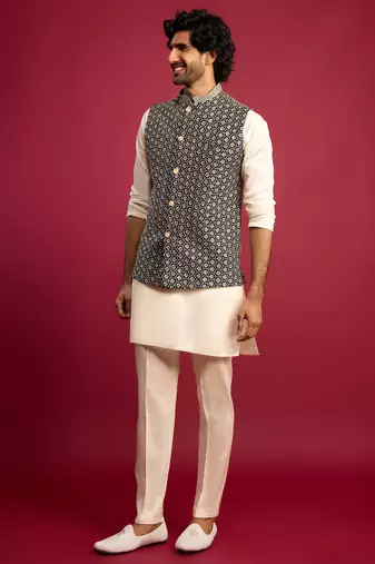 black sequin & thread embroidered nehru jacket with cream satin kurta & pants set | festive ethnic bundle |