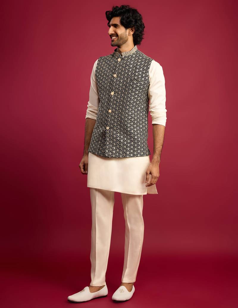 black sequin & thread embroidered nehru jacket with cream satin kurta & pants set | festive ethnic bundle |