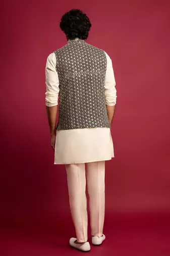 black sequin & thread embroidered nehru jacket with cream satin kurta & pants set | festive ethnic bundle |