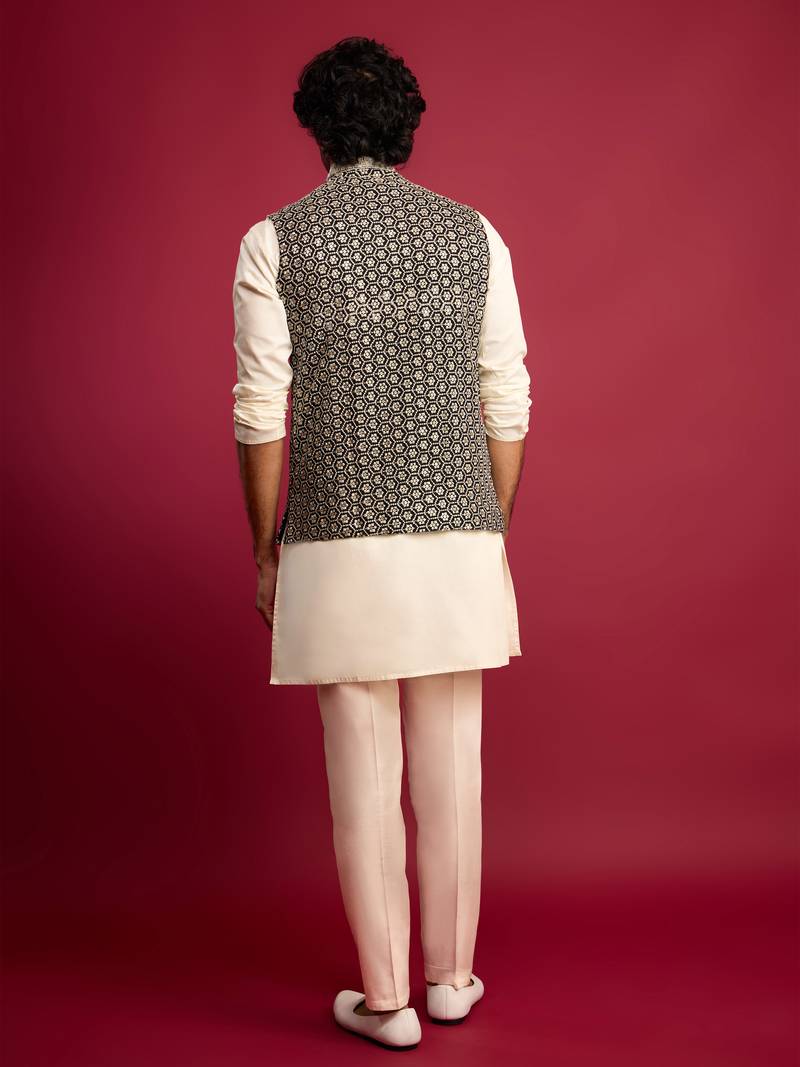 black sequin & thread embroidered nehru jacket with cream satin kurta & pants set | festive ethnic bundle |