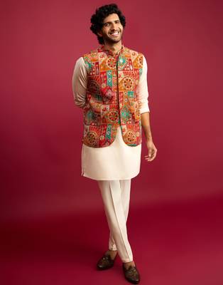 red embroidered nehru jacket with cream kurta & pant set | festive wear 1