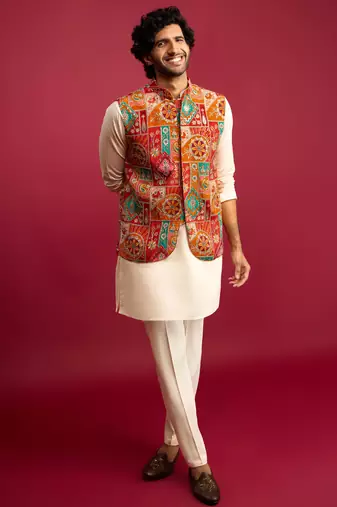 red embroidered nehru jacket with cream kurta & pant set | festive wear