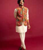 red embroidered nehru jacket with cream kurta & pant set | festive wear