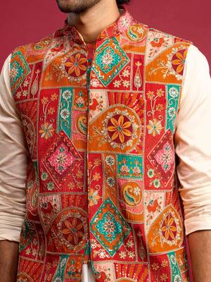 red embroidered nehru jacket with cream kurta & pant set | festive wear 2