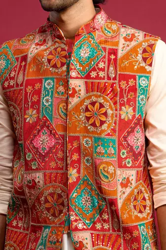 red embroidered nehru jacket with cream kurta & pant set | festive wear
