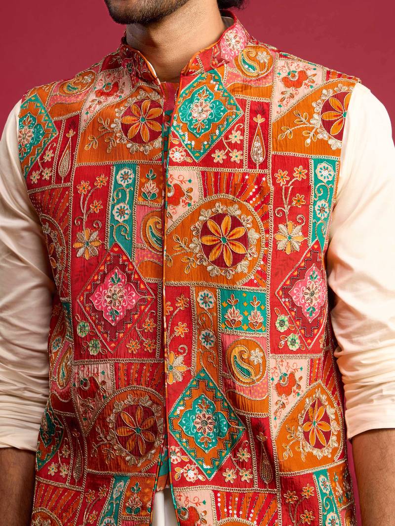 red embroidered nehru jacket with cream kurta & pant set | festive wear