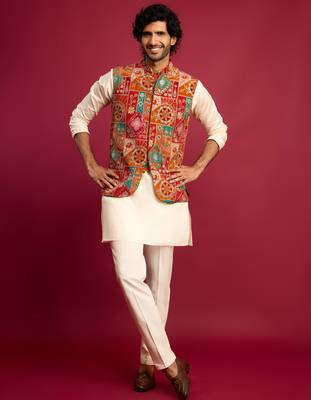 red embroidered nehru jacket with cream kurta & pant set | festive wear 3
