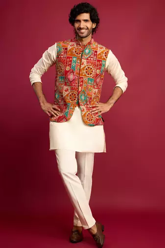 red embroidered nehru jacket with cream kurta & pant set | festive wear