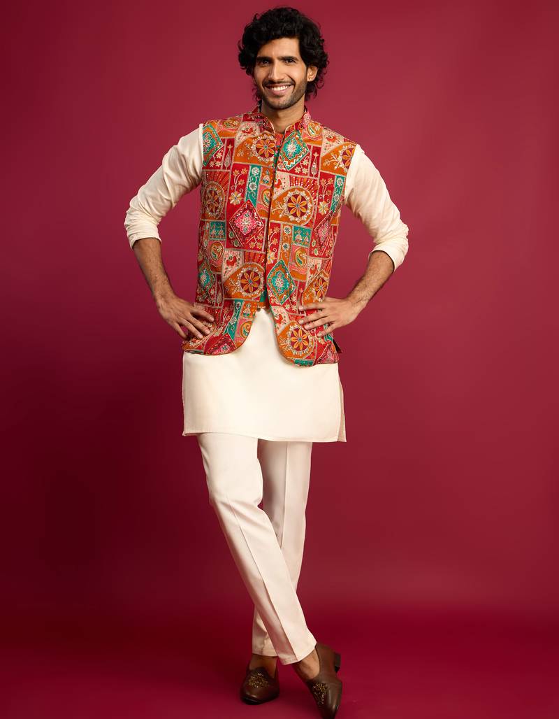 red embroidered nehru jacket with cream kurta & pant set | festive wear