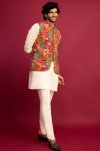 red embroidered nehru jacket with cream kurta & pant set | festive wear