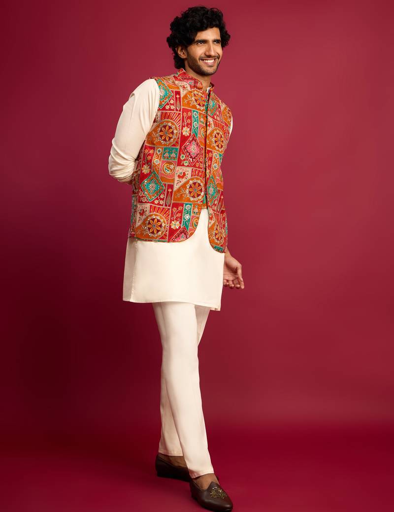 red embroidered nehru jacket with cream kurta & pant set | festive wear
