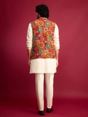 red embroidered nehru jacket with cream kurta & pant set | festive wear 5