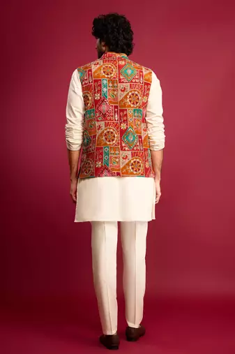 red embroidered nehru jacket with cream kurta & pant set | festive wear