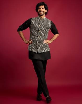 all-black sequin & thread embroidered nehru jacket with black satin kurta & pants set | festive bundle | 1
