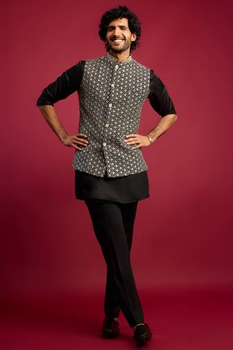 all-black sequin & thread embroidered nehru jacket with black satin kurta & pants set | festive bundle |
