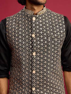 all-black sequin & thread embroidered nehru jacket with black satin kurta & pants set | festive bundle | 2