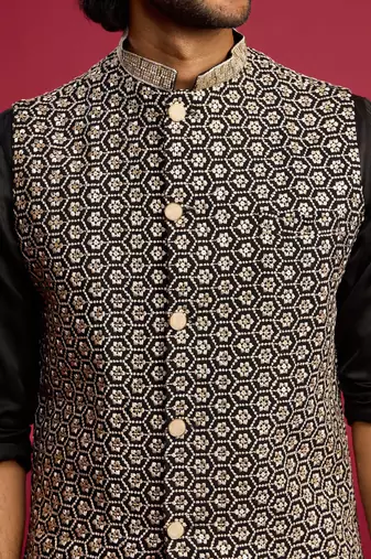 all-black sequin & thread embroidered nehru jacket with black satin kurta & pants set | festive bundle |