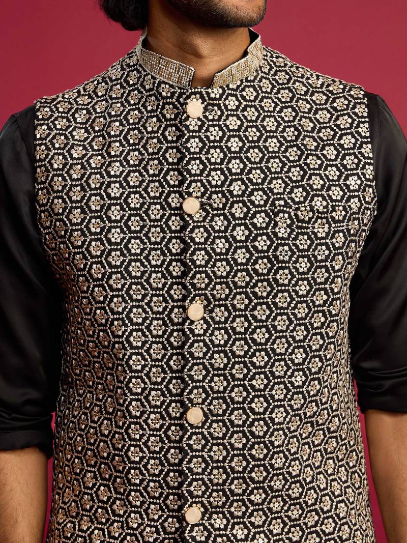 all-black sequin & thread embroidered nehru jacket with black satin kurta & pants set | festive bundle |