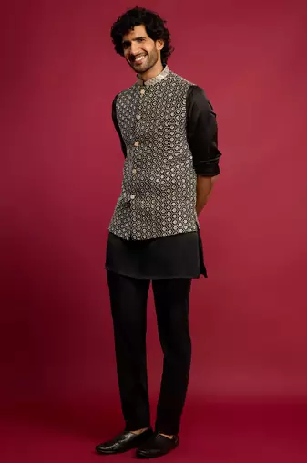 all-black sequin & thread embroidered nehru jacket with black satin kurta & pants set | festive bundle |