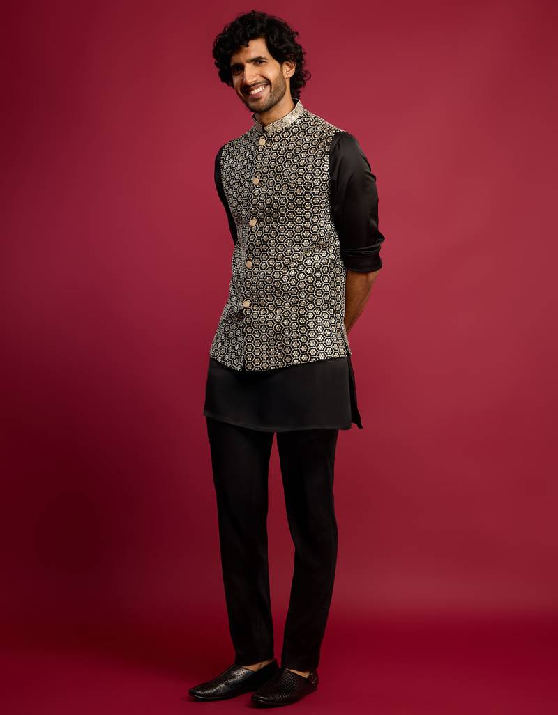 all-black sequin & thread embroidered nehru jacket with black satin kurta & pants set | festive bundle |