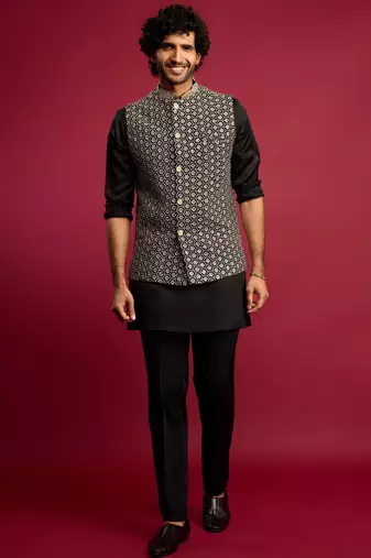 all-black sequin & thread embroidered nehru jacket with black satin kurta & pants set | festive bundle |