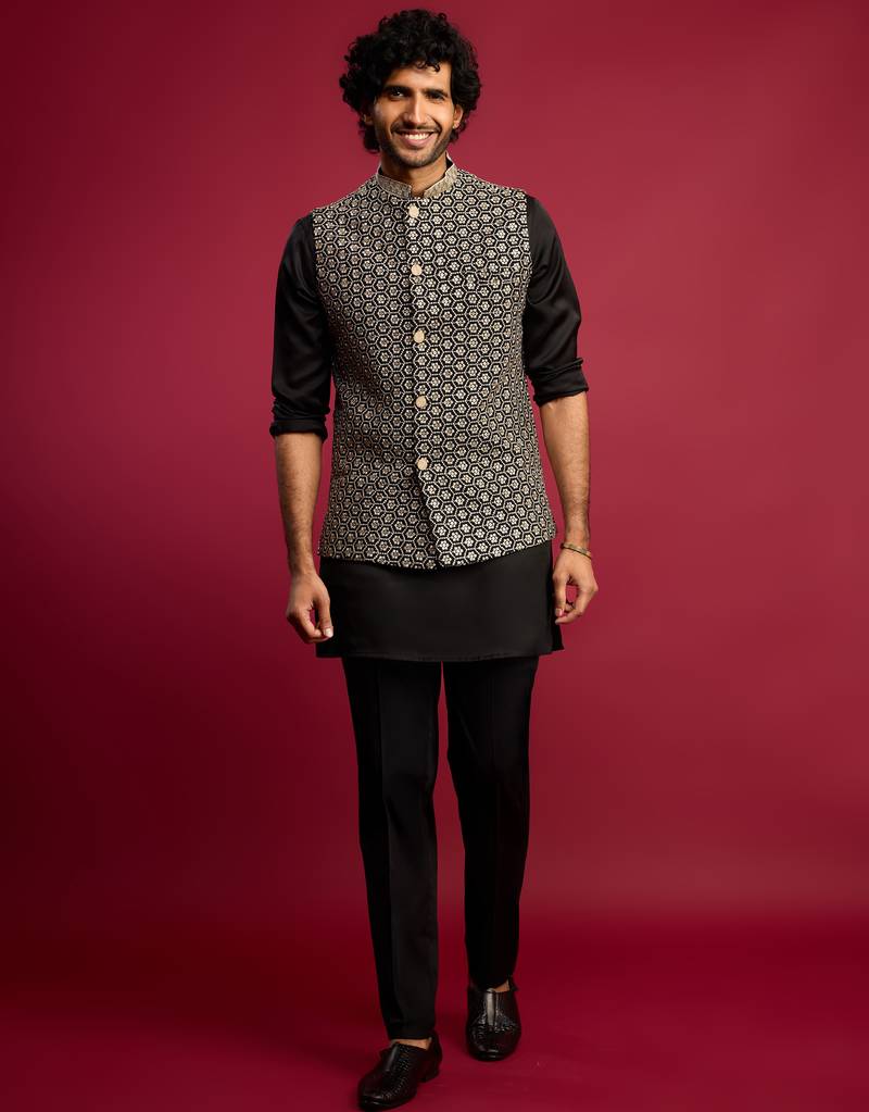 all-black sequin & thread embroidered nehru jacket with black satin kurta & pants set | festive bundle |