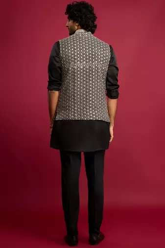 all-black sequin & thread embroidered nehru jacket with black satin kurta & pants set | festive bundle |